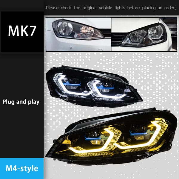VW Golf 7 factory halogen to M4-style LED headlight upgrade comparison