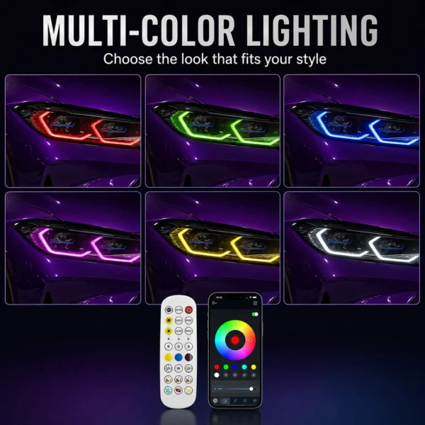 BMW G22 RGB DRL modules showing multiple lighting colors with app and remote control
