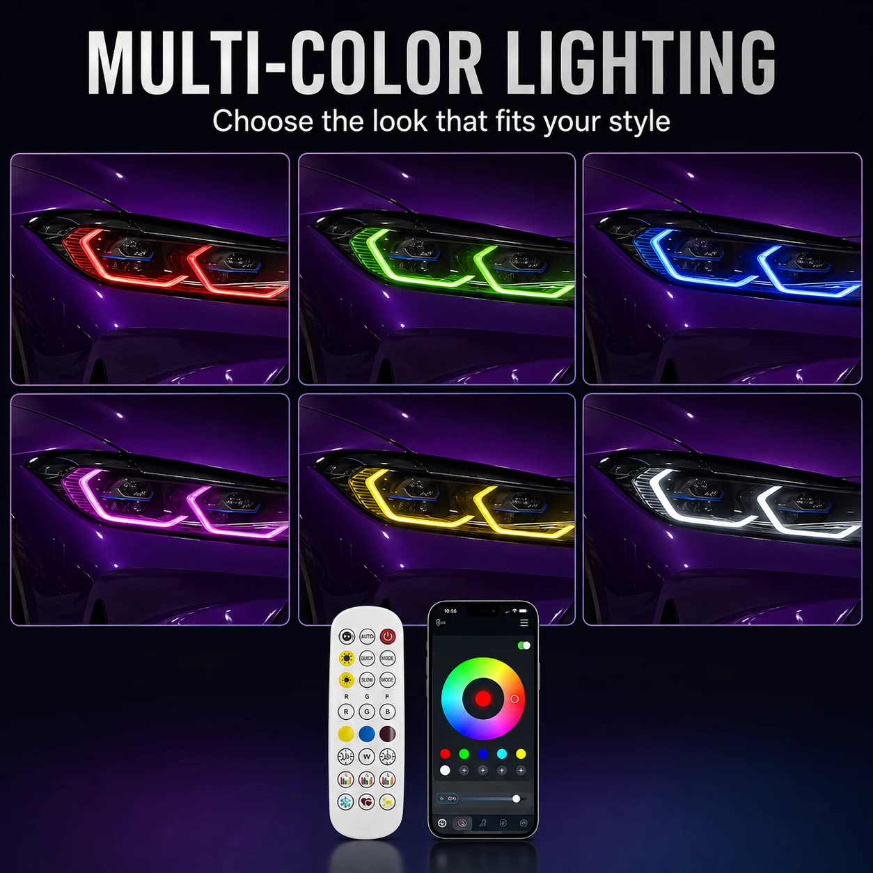 BMW G22 RGB DRL modules showing yellow, white, blue, purple, green and red color examples