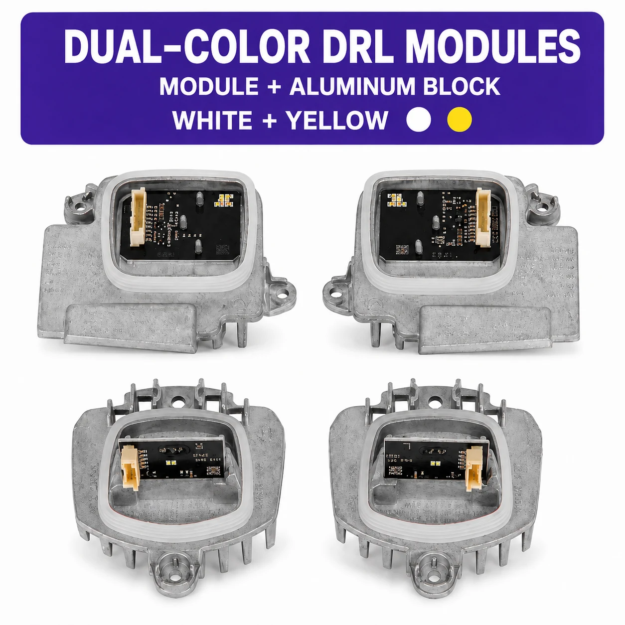 BMW G22 white and yellow dual-color DRL modules with aluminum blocks