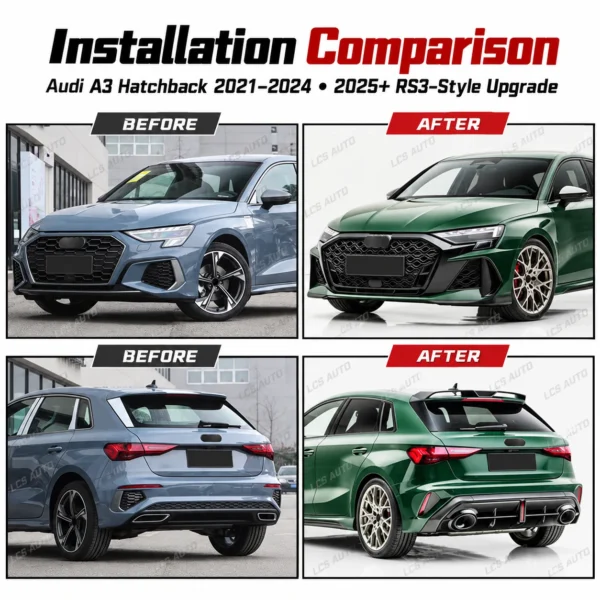 Audi A3 hatchback RS3-style body kit upgrade 2021-2024 before after front rear bumpers grille diffuser