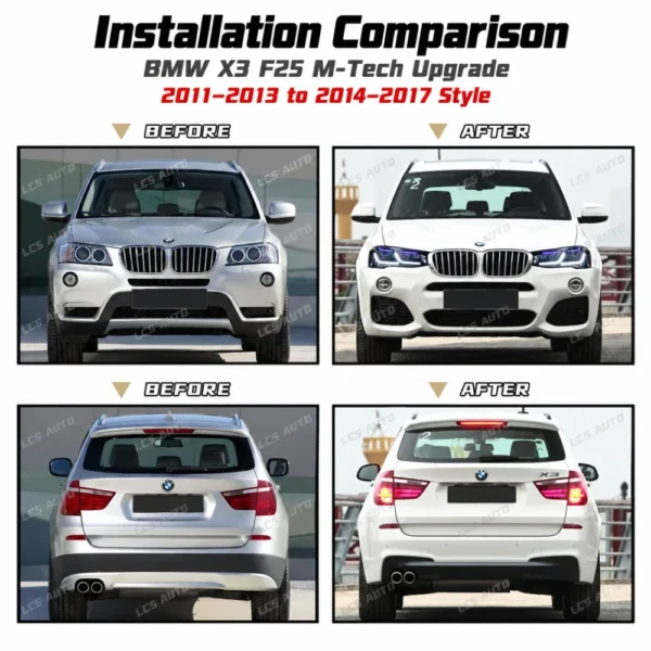 BMW F25 M-Tech body kit upgrade X3 2011-2013 before after headlights front rear bumpers side skirts wheel arches