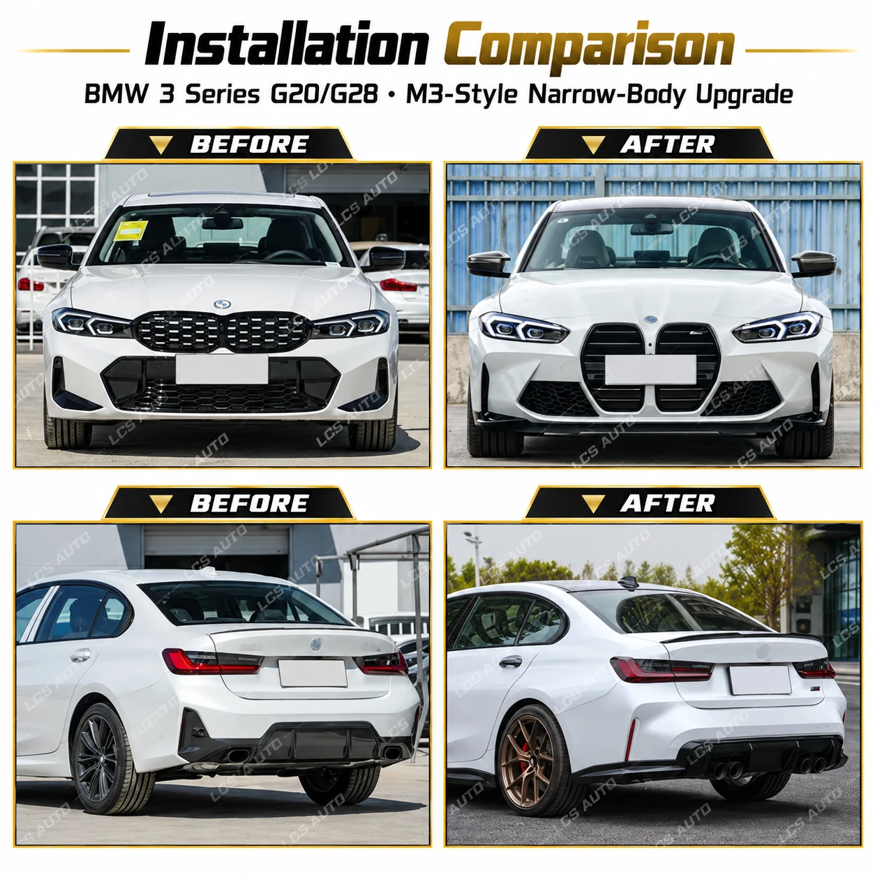 G20 G28 M3-style body kit front and rear exterior conversion upgrade before-after comparison