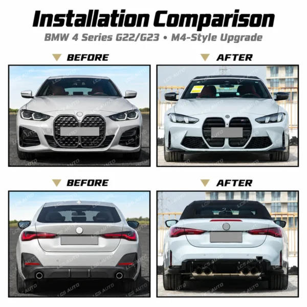 BMW G22 G23 M4-style body kit exterior conversion upgrade front rear before-after comparison