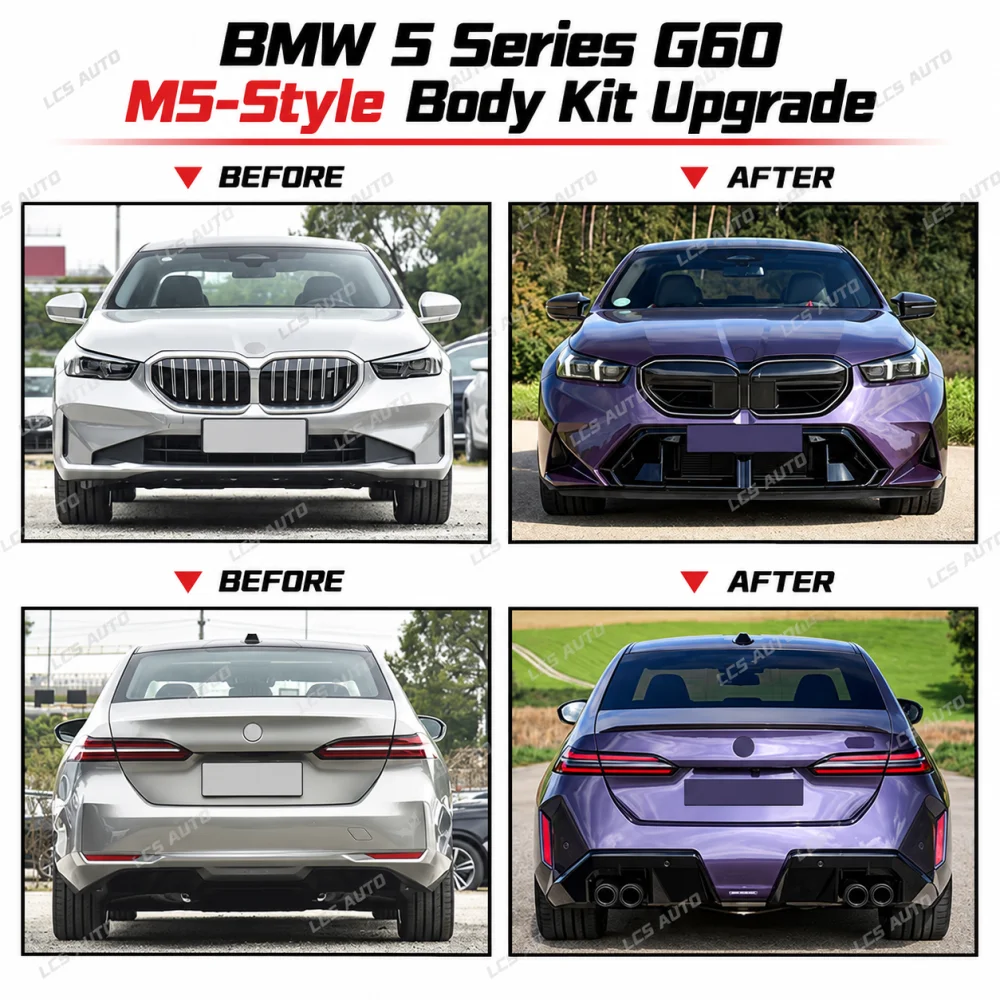 BMW G60 M5-style body kit before and after exterior modification upgrade