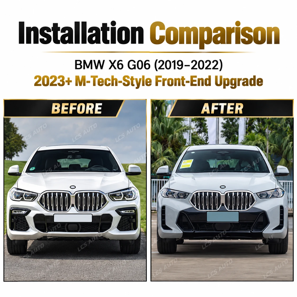 BMW X6 G06 front bumper upgrade 2019-2022 to 2023 plus M-Tech-style before after exterior conversion