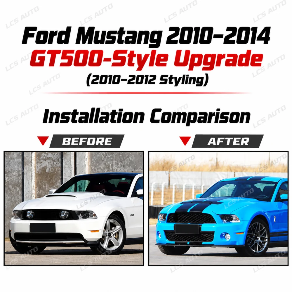 Mustang GT500-style front bumper kit before and after exterior modification upgrade