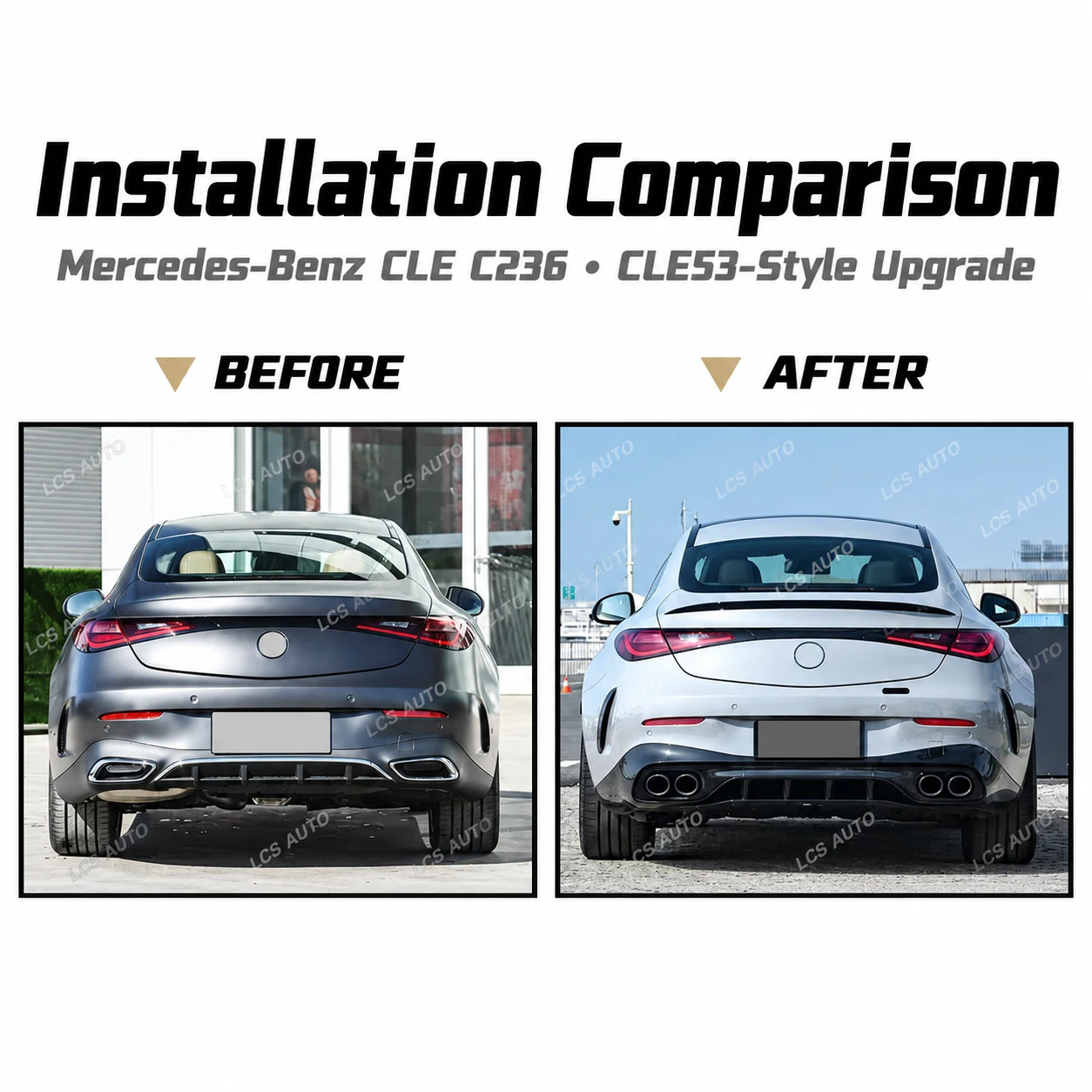 C236 CLE53-style rear diffuser and exhaust tips exterior conversion before and after