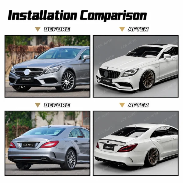 Mercedes-Benz CLS C218 AMG63-style body kit exterior conversion and upgrade front and rear before-after comparison