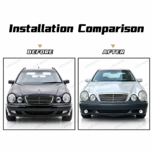 Mercedes-Benz W210 AMG-style front bumper upgrade before and after installation comparison