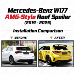 W177 AMG-style roof spoiler upgrade A-Class hatchback 2019-2025 before after rear wing