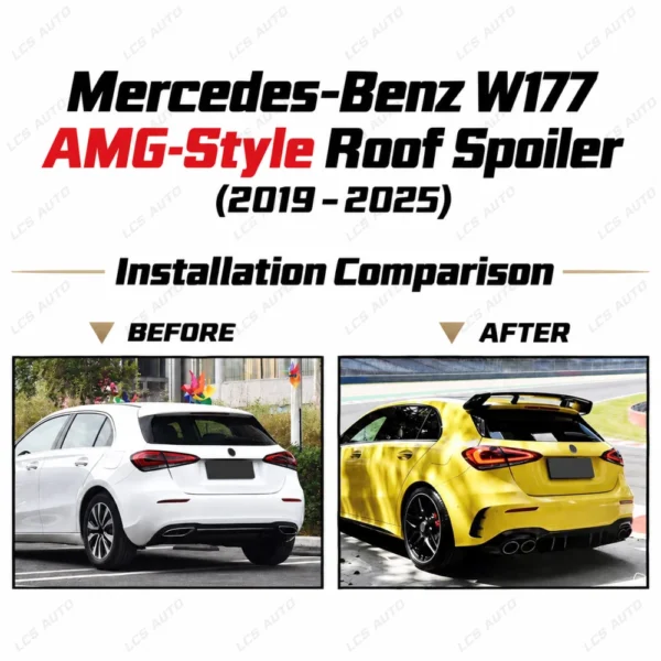 W177 AMG-style roof spoiler upgrade A-Class hatchback 2019-2025 before after rear wing