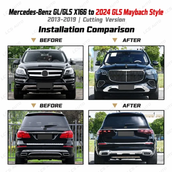 X166 GLS Maybach-style body kit cutting version front and rear before and after modification upgrade