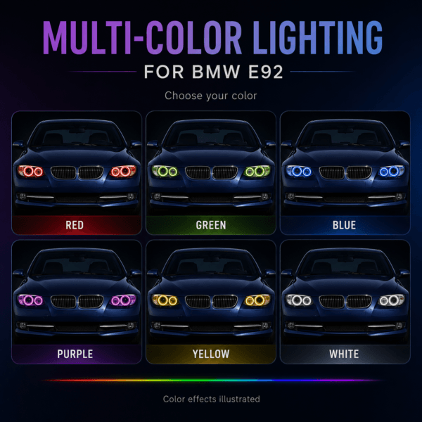 BMW E92 RGB DRL modules showing red, green, blue, purple, yellow and white lighting effects