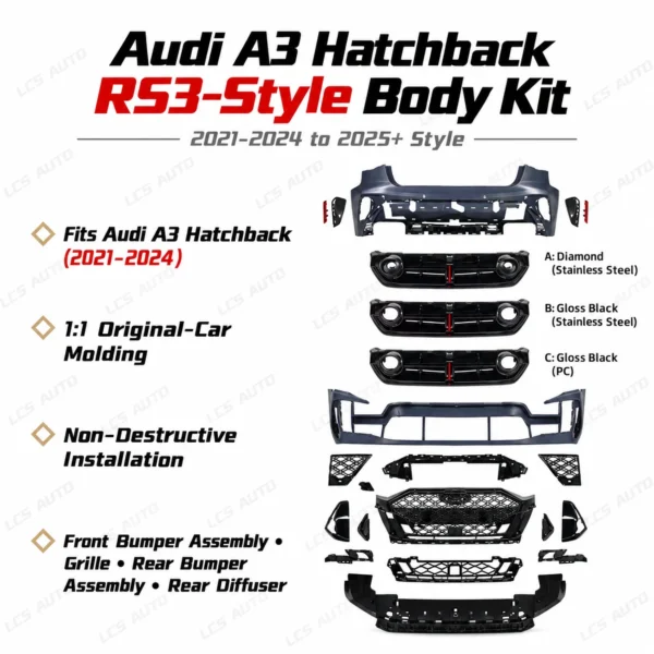 Audi A3 hatchback RS3-style body kit front rear bumper grille rear diffuser A B C components