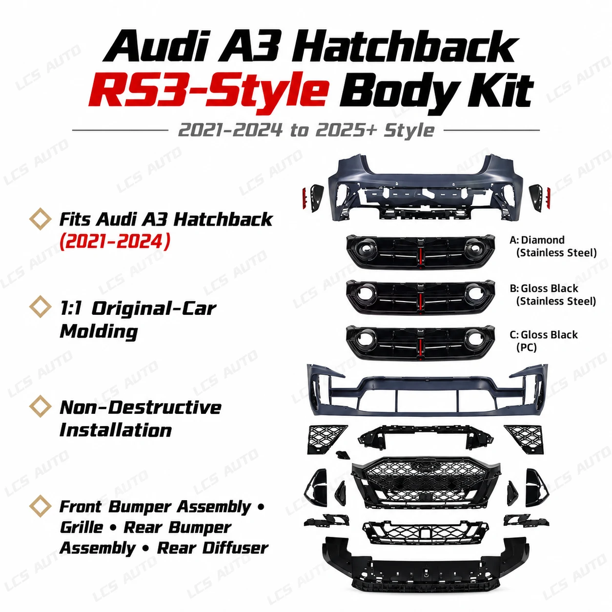 Audi A3 hatchback RS3-style body kit components rear diffuser choices