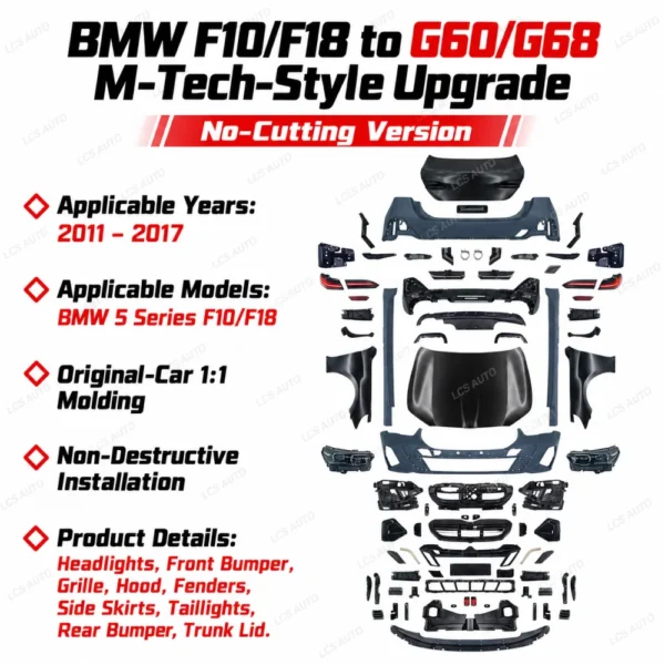 BMW F10 F18 G60 G68 M-Tech body kit BMW 5 Series F10/F18 2011–2017 exterior modification and upgrade components Headlights, Front bumper, Grille, Hood, Fenders, Side skirts, Taillights, Rear bumper, Trunk lid