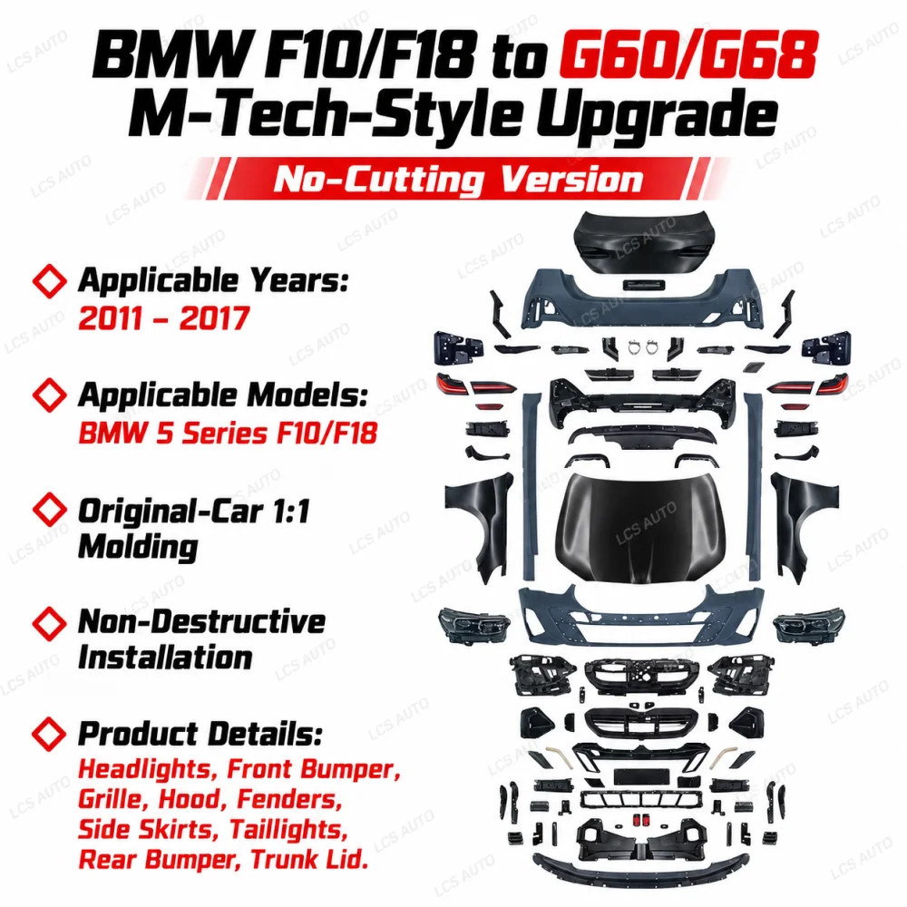 BMW F10 F18 G60 G68 M-Tech body kit components headlights, front bumper, grille, hood, fenders, side skirts, taillights, rear bumper, trunk lid