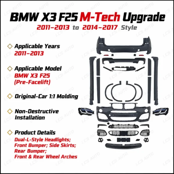 BMW F25 M-Tech body kit components dual-L headlights front rear bumpers side skirts wheel arches