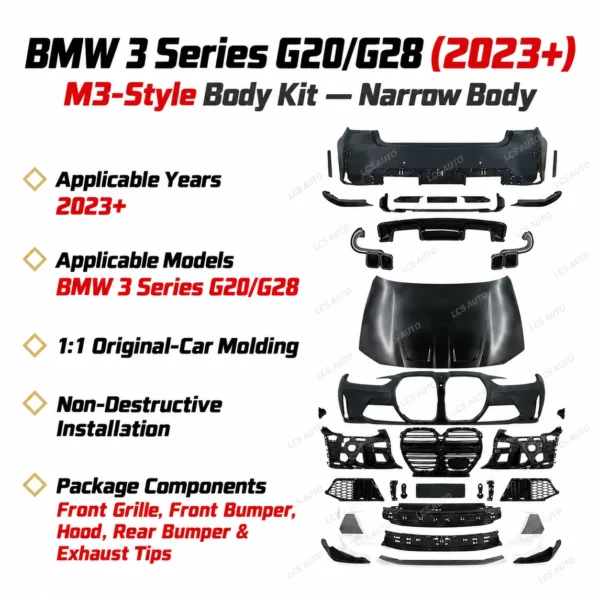 BMW G20 G28 M3-style body kit grille front bumper hood rear bumper exhaust tips 2023 plus narrow-body upgrade