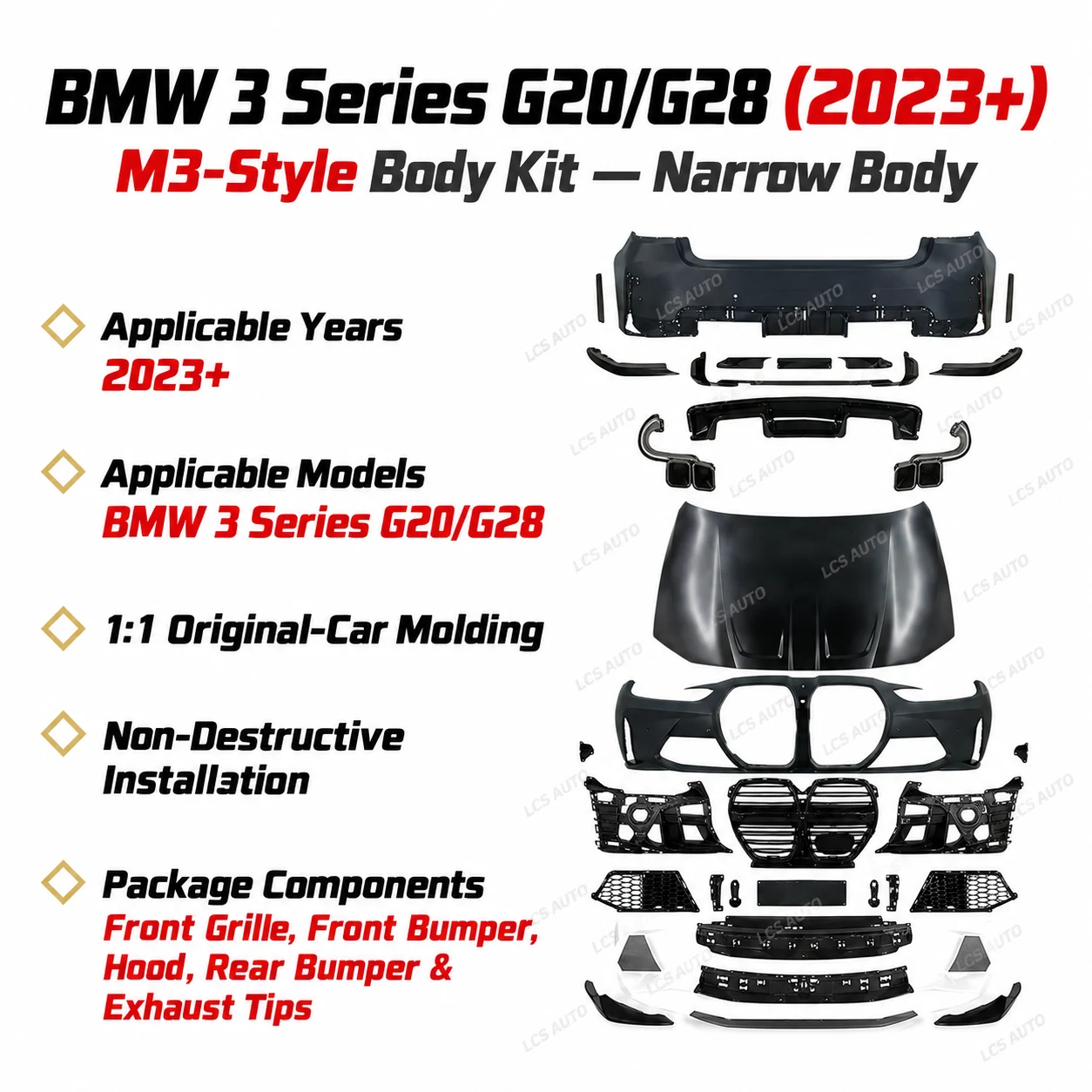 G20 G28 M3-style body kit front grille front bumper hood rear bumper exhaust tips 2023-plus