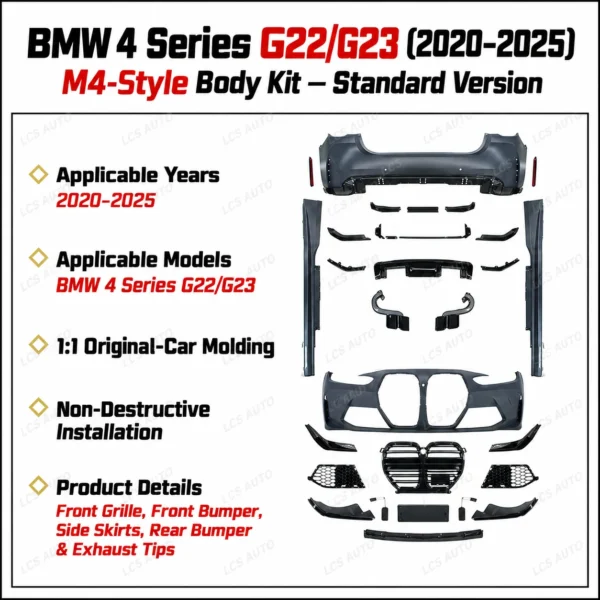 BMW G22 G23 M4-style body kit grille front bumper side skirts rear bumper and exhaust tips 2020-2025