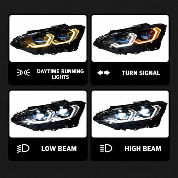 BMW CS-style LED headlights showing daytime running lights, turn signal, low beam and high beam