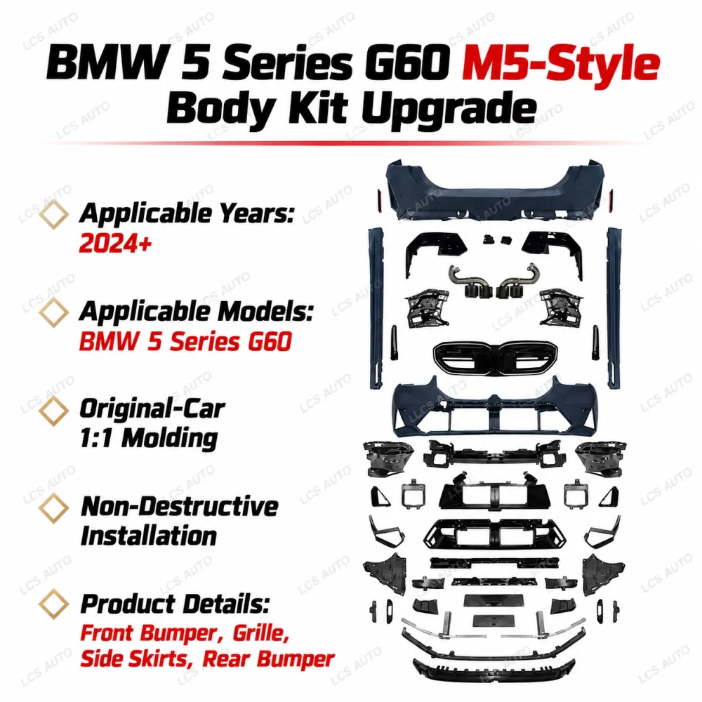 BMW G60 M5-style body kit components front bumper, grille, side skirts, rear bumper