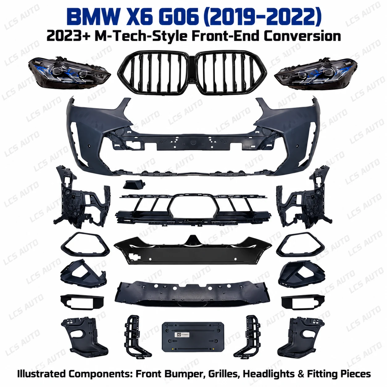BMW X6 G06 front bumper upgrade kit grilles headlights lower grille trims brackets and fitting pieces