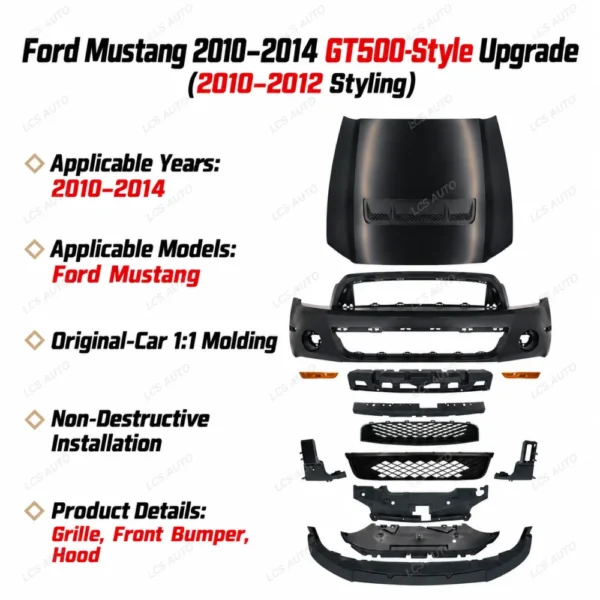 Mustang GT500-style front bumper kit Ford Mustang 2010–2014 exterior modification and upgrade components Grille, Front bumper, Hood