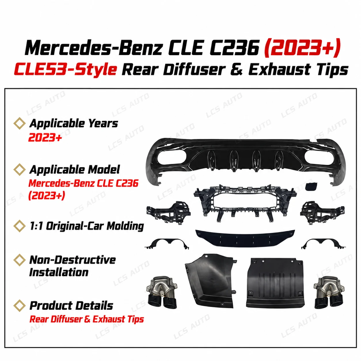 C236 CLE53-style rear diffuser exhaust tips and pictured fitting components for Mercedes-Benz CLE 2023+