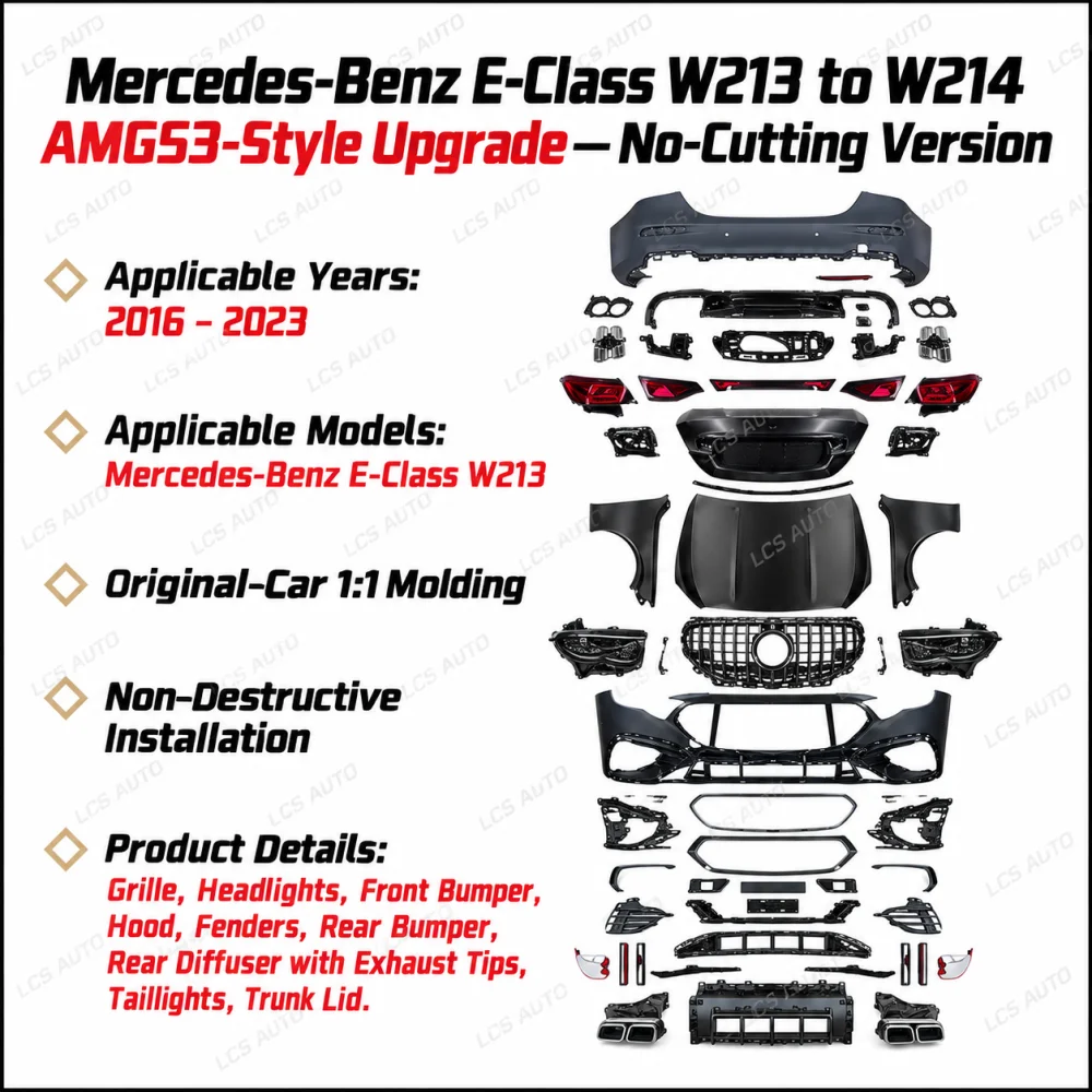 Mercedes W213 no-cutting AMG53-style conversion components including bumpers lights hood fenders and trunk lid