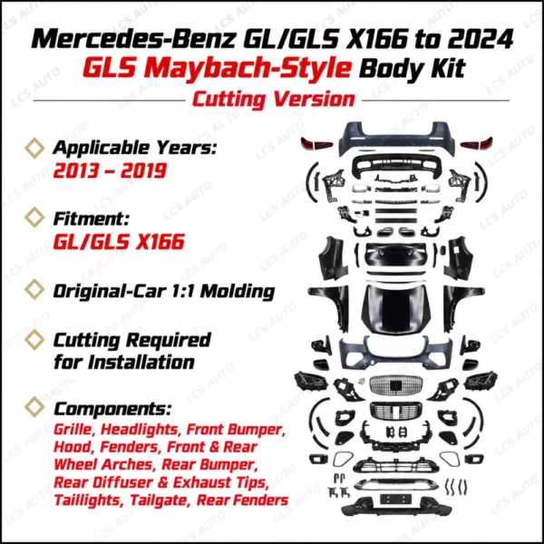 X166 GLS Maybach-style body kit cutting version grille headlights bumpers hood fenders taillights tailgate diffuser exhaust tips components