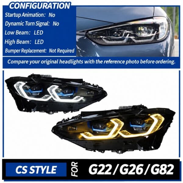 BMW G22 G26 G82 CS-style LED headlight configuration with original headlight reference A