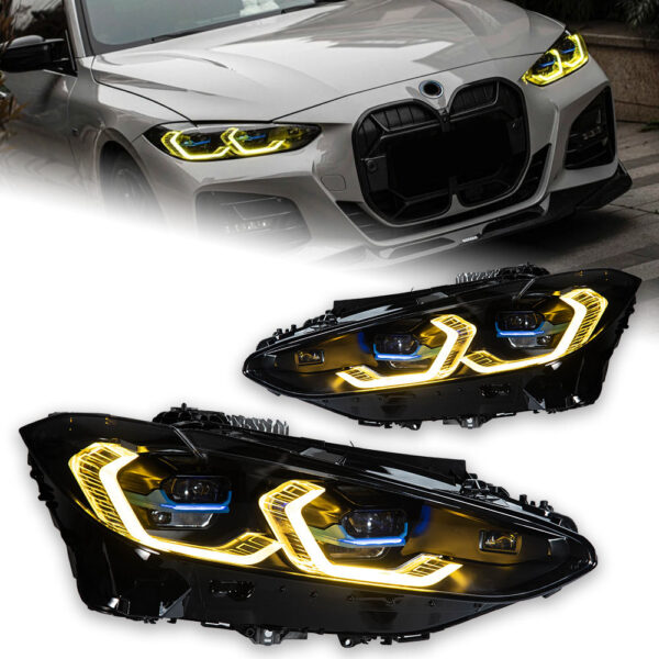 BMW G22 G26 G82 CS-style LED headlight pair with yellow daytime running lights and installed front view