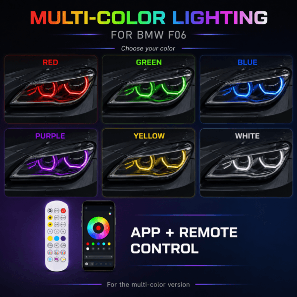 BMW F06 RGB DRL modules showing six lighting colors with app and remote control