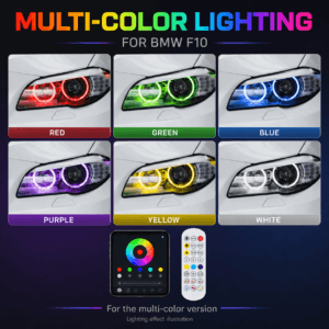 BMW F10 RGB DRL modules showing six lighting colors with app and remote control