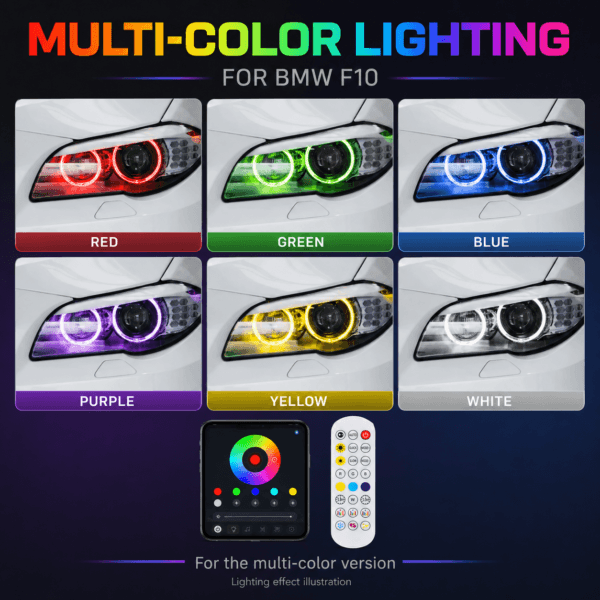 BMW F10 RGB DRL modules showing six lighting colors with app and remote control