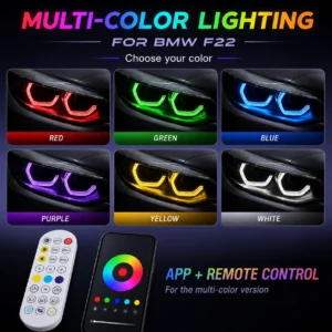 BMW F22 DRL modules with six RGB lighting color examples
