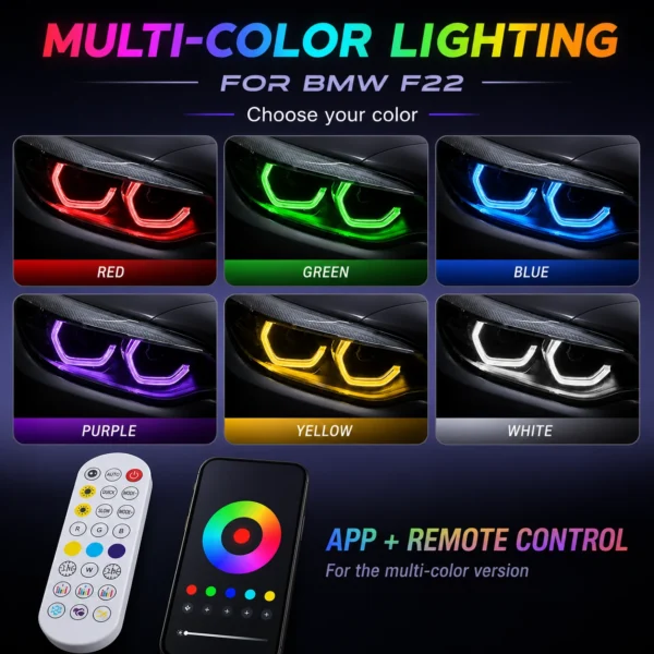 BMW F22 DRL modules with six RGB lighting color examples