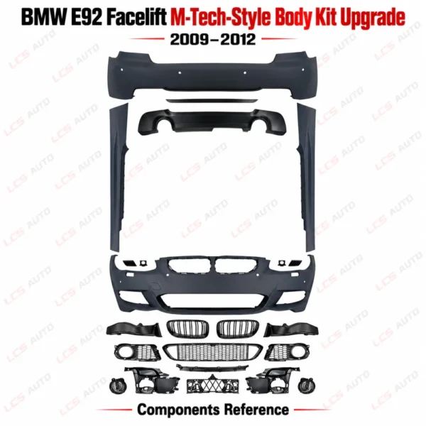 BMW E92 M-Tech body kit 2009–2012 exterior modification upgrade components reference Front and rear bumpers, Grilles, Side skirts, Fog lights, Rear diffuser