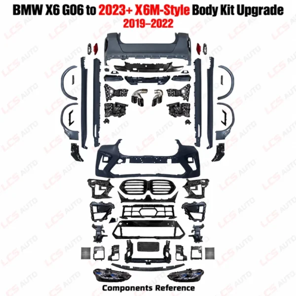 BMW X6 G06 X6M-style body kit 2019–2022 exterior modification upgrade components reference Front and rear bumpers, Grille, Headlights, Side skirts, Wheel-arch trims, Rear diffuser and exhaust tips