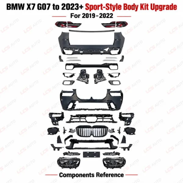 BMW X7 G07 sport body kit 2019–2022 exterior modification upgrade components reference Front and rear bumpers, Grille, Headlights and taillights, Rear diffuser and exhaust-tip trims
