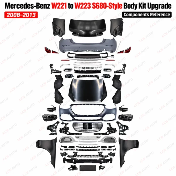 W221 W223 S680-style body kit 2008–2013 exterior modification upgrade components reference Front and rear bumpers, Grille, Headlights and taillights, Hood, Fenders and rear body panels, Trunk lid, Mirrors, Rear diffuser and exhaust tips